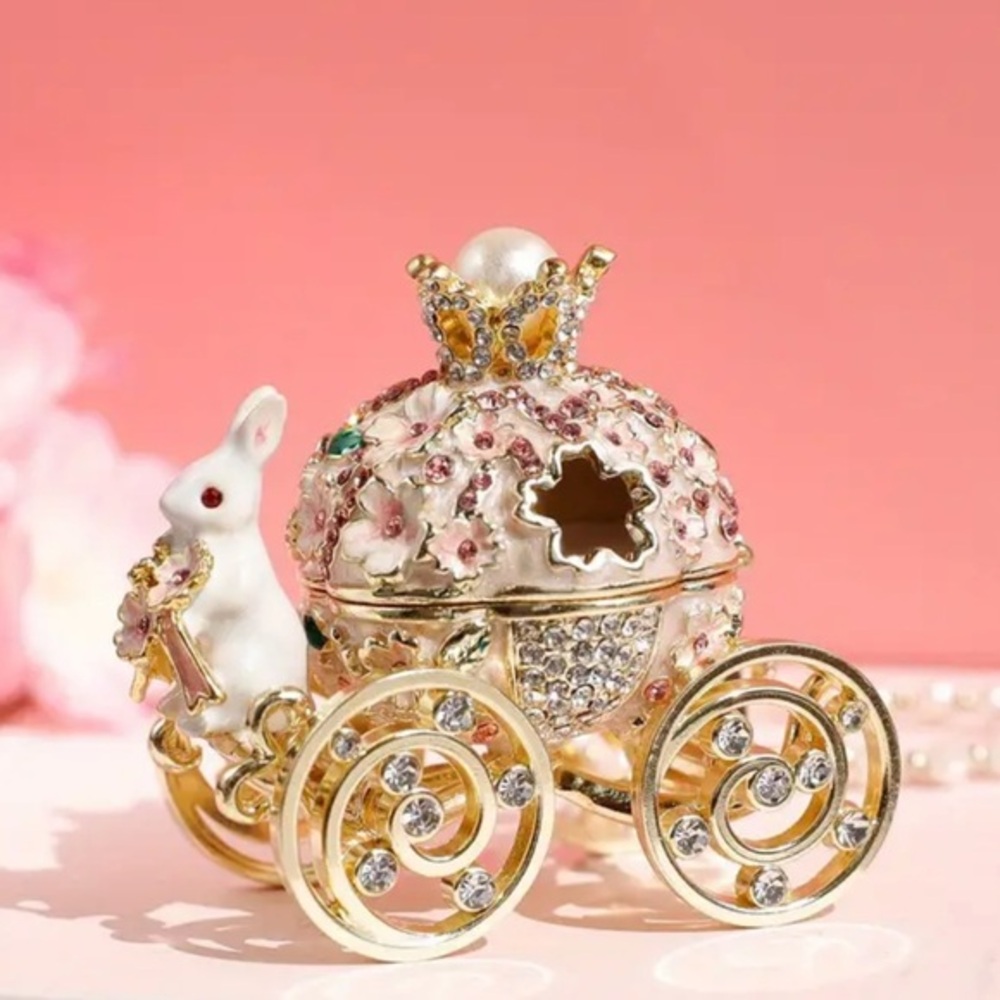 Gold & Pink Crystal Bunny Carriage Trinket Box NWT – Easter Fairy Tale Decor